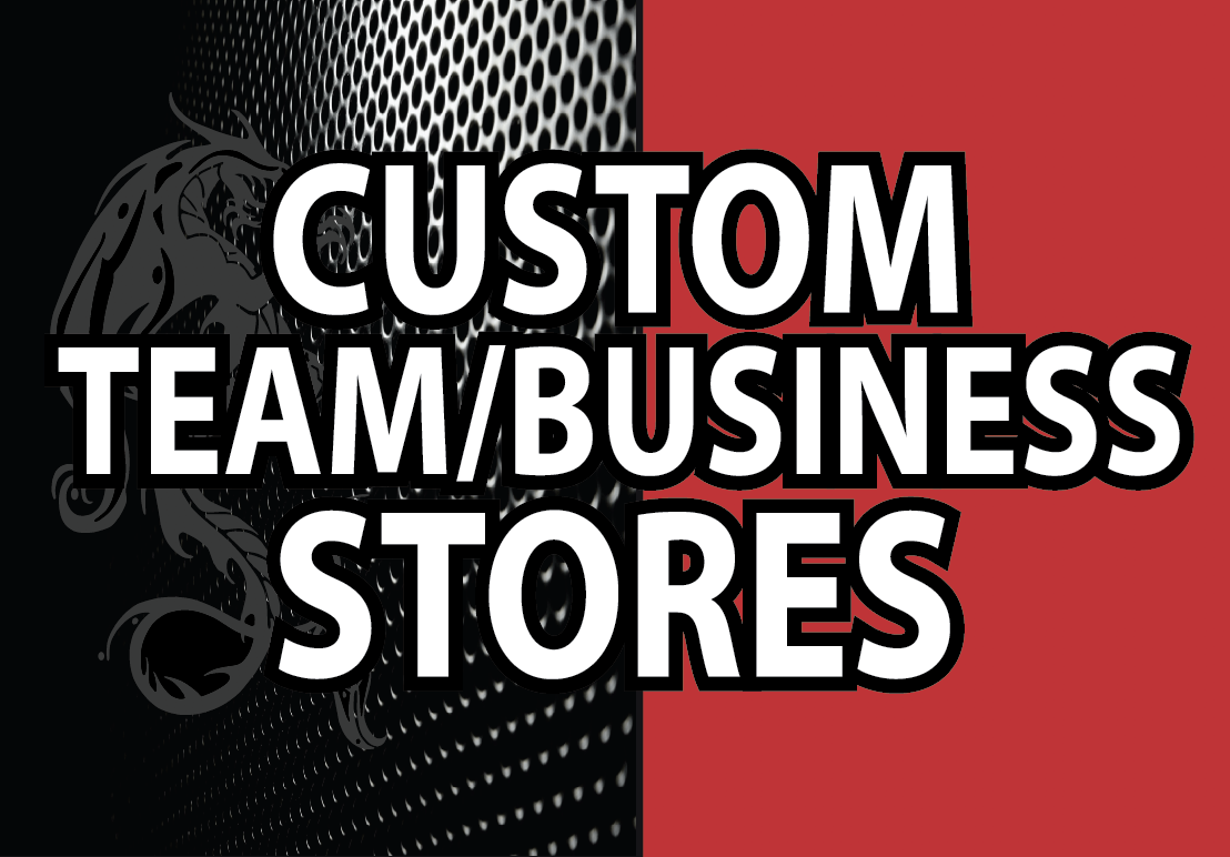 A red and black background with custom business store logos.