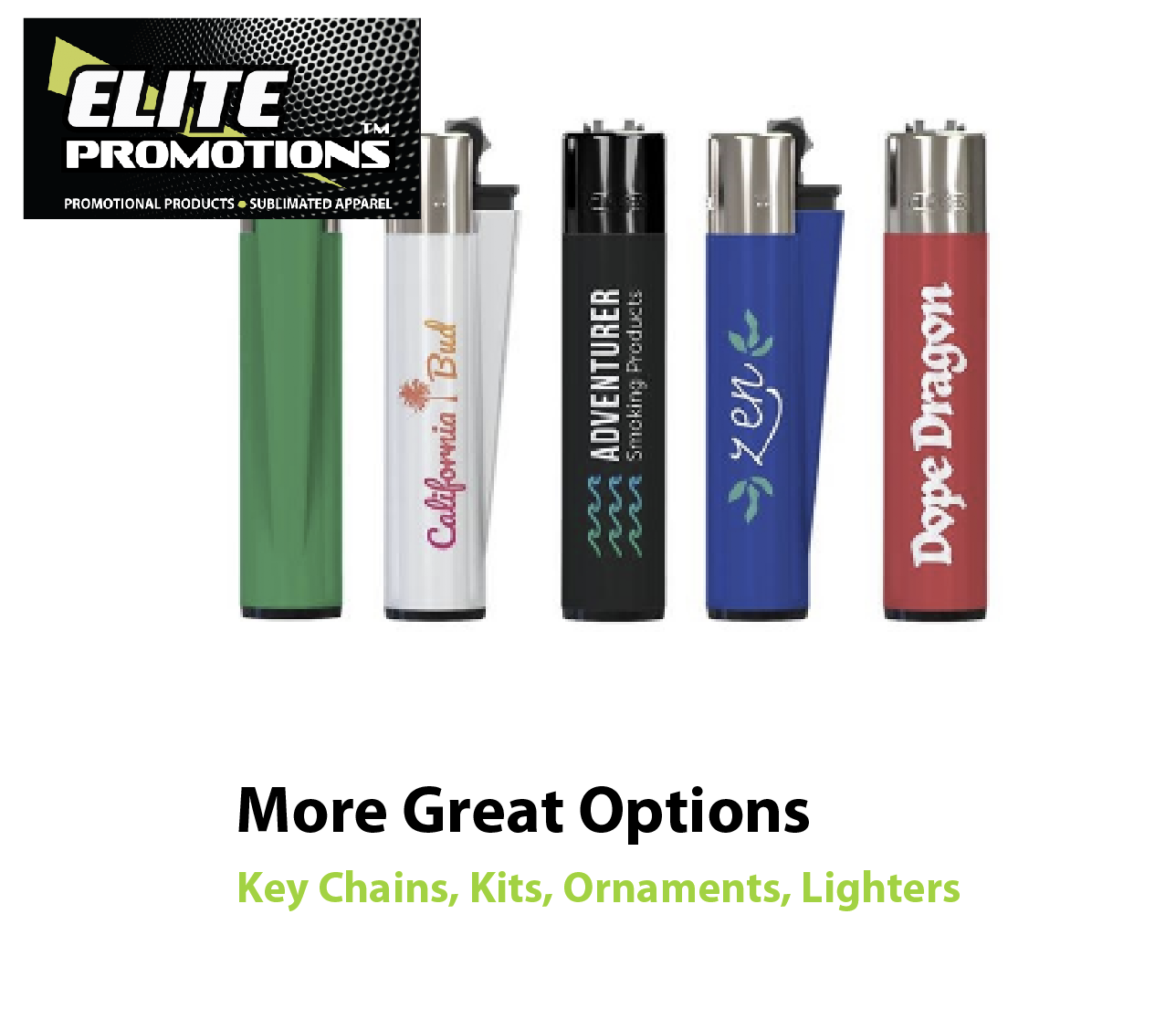 A group of five different lighters with the company logo on them.