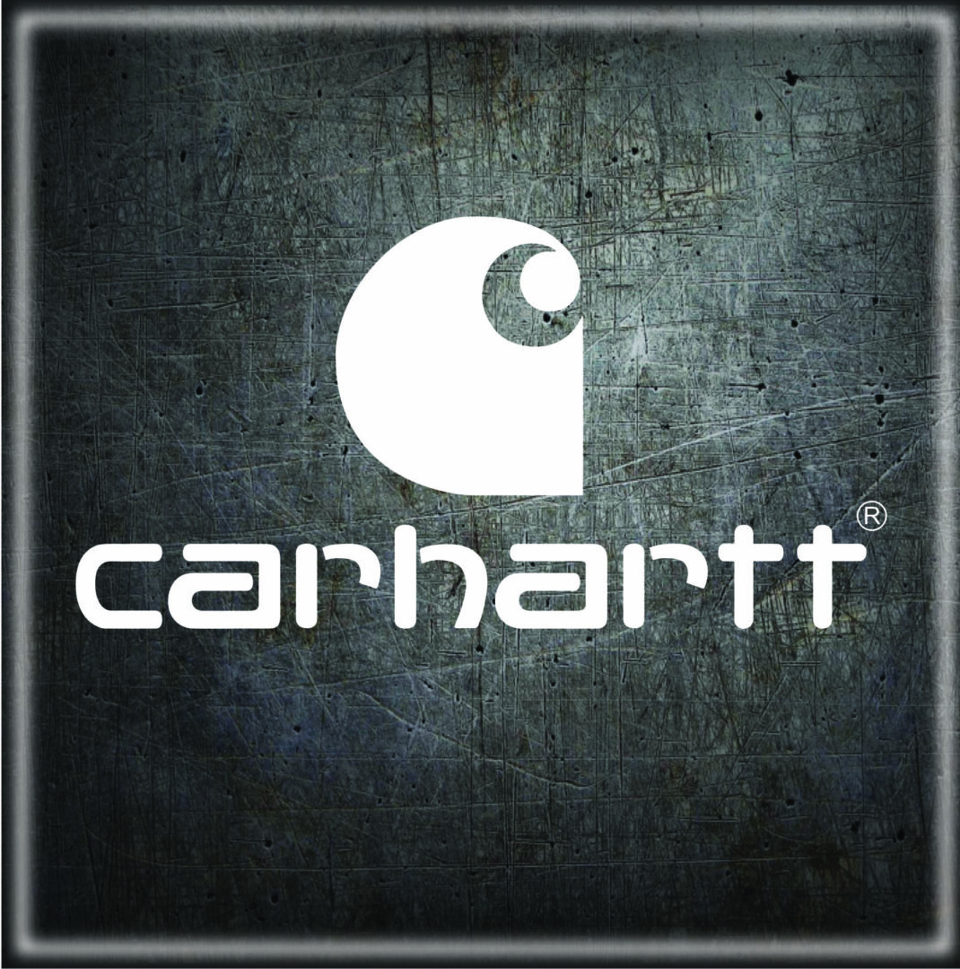 A carhartt logo on top of a metal background.