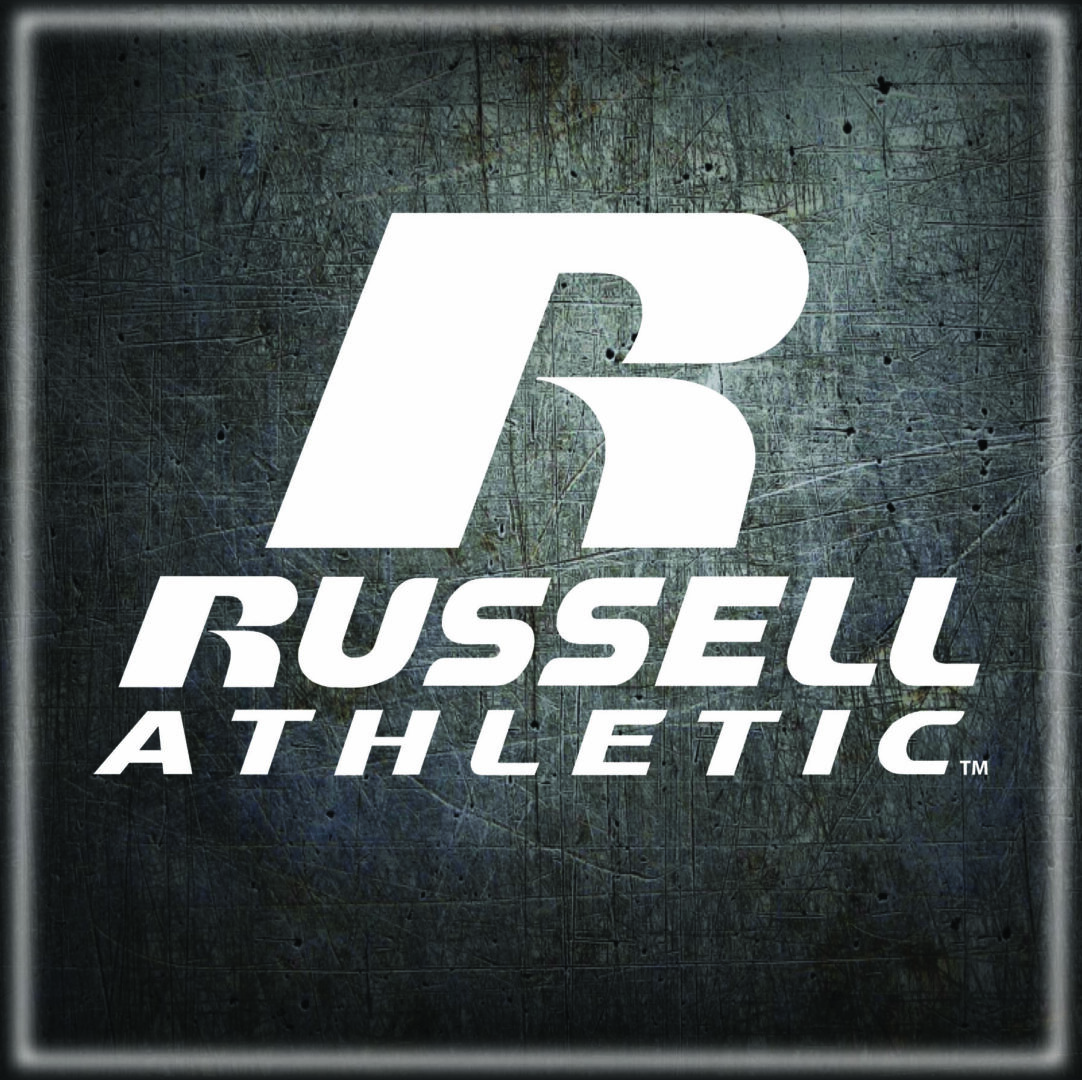 A russell athletic logo on a concrete background.
